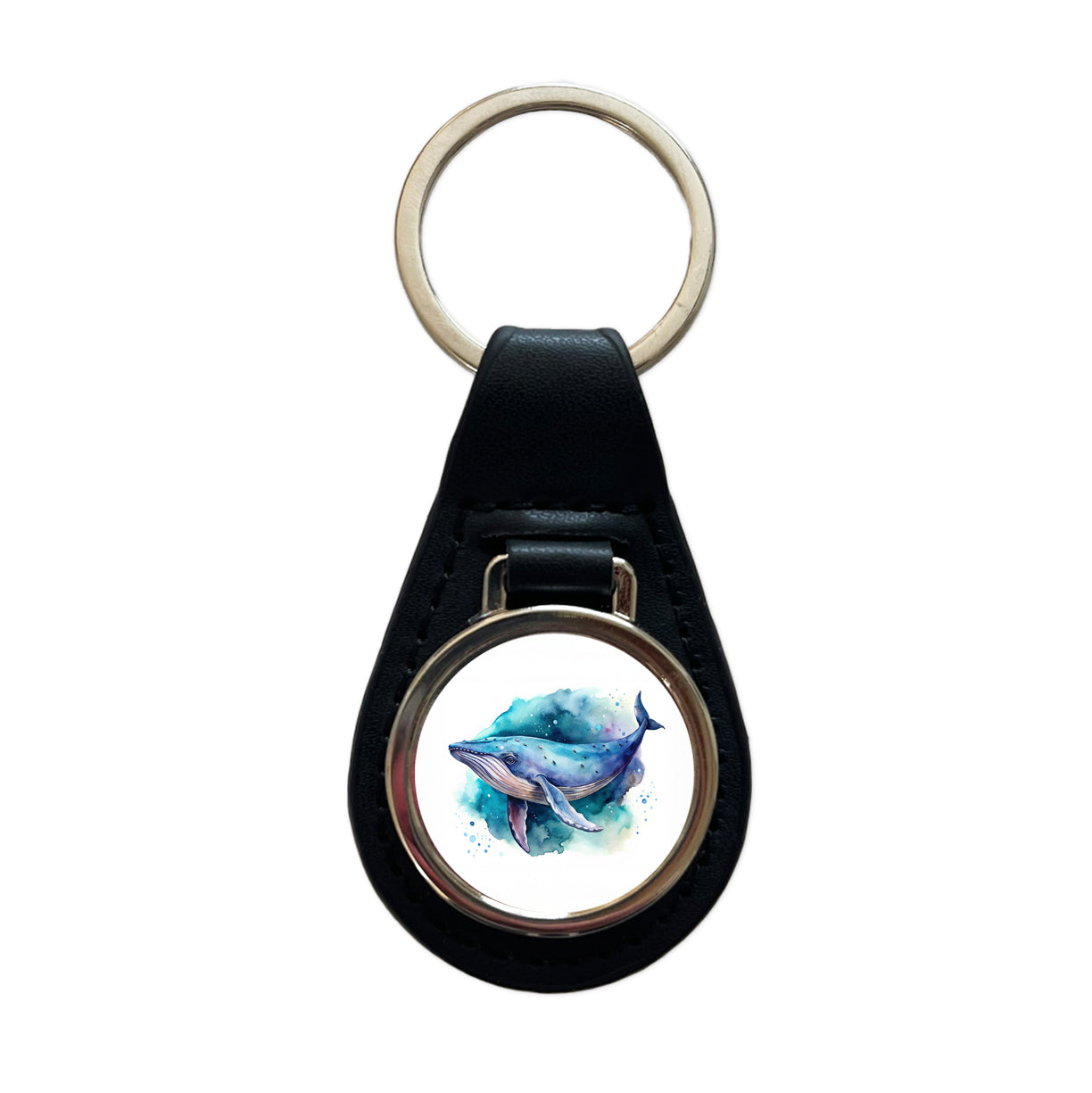 Humpback Whale Watercolor Black Leather Metal Keychain