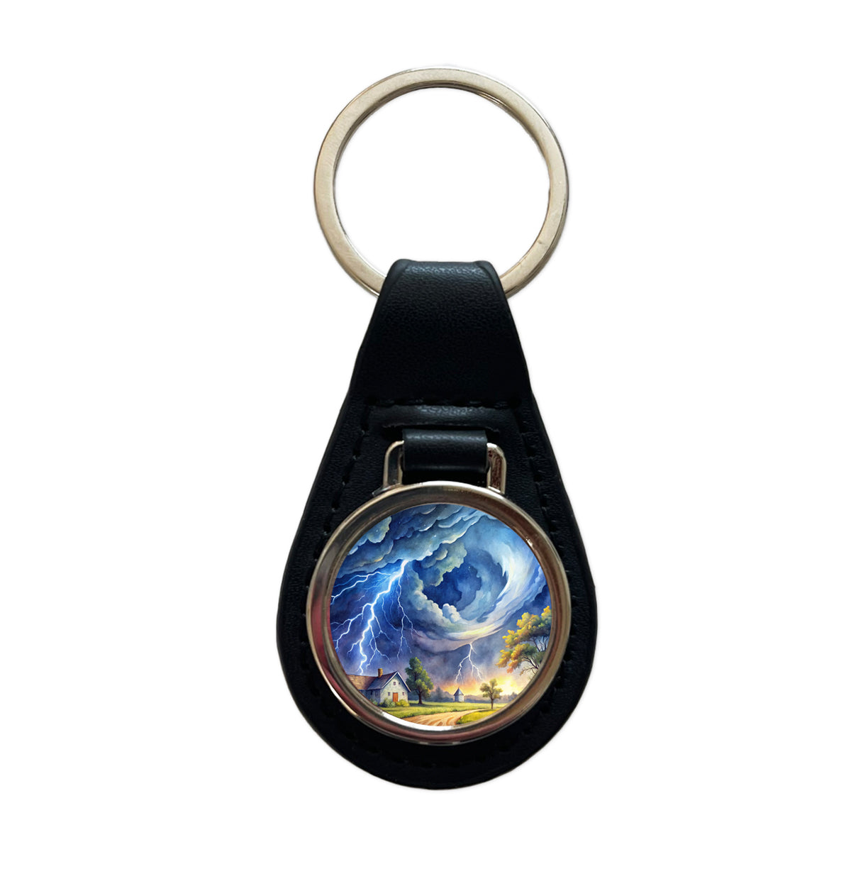 Hurricane and Lightning At Night in the Country Watercolor Black Leather Metal Keychain