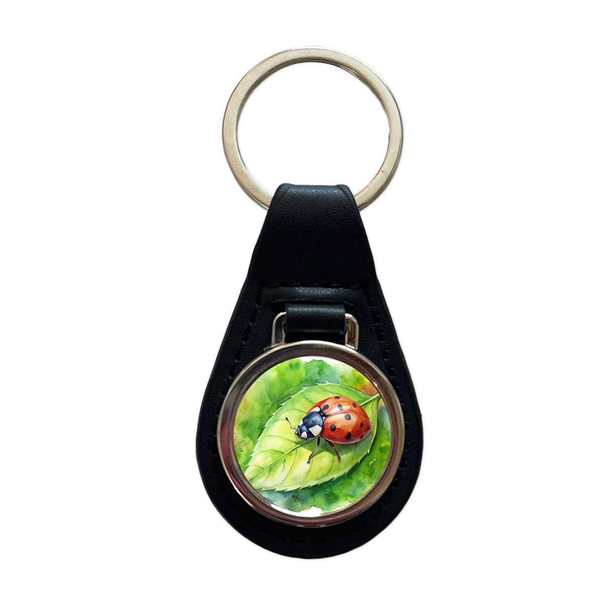 Ladybug On Leaf Watercolor Black Leather Metal Keychain