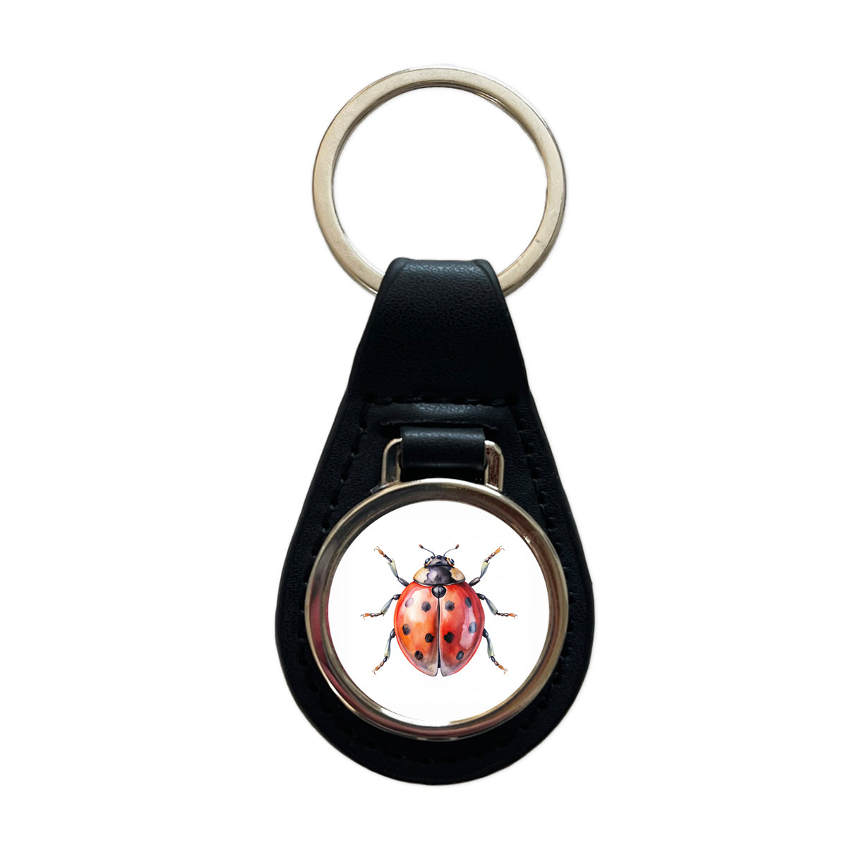 Ladybug Watercolor Black Leather Metal Keychain