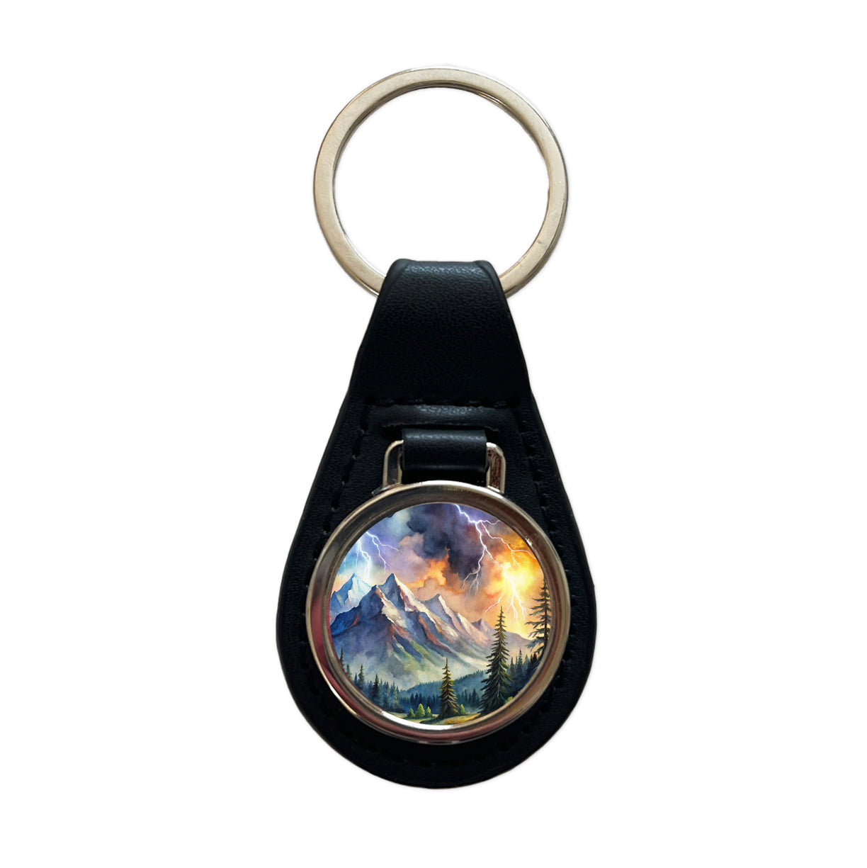 Lighting In The Mountains Watercolor Black Leather Metal Keychain