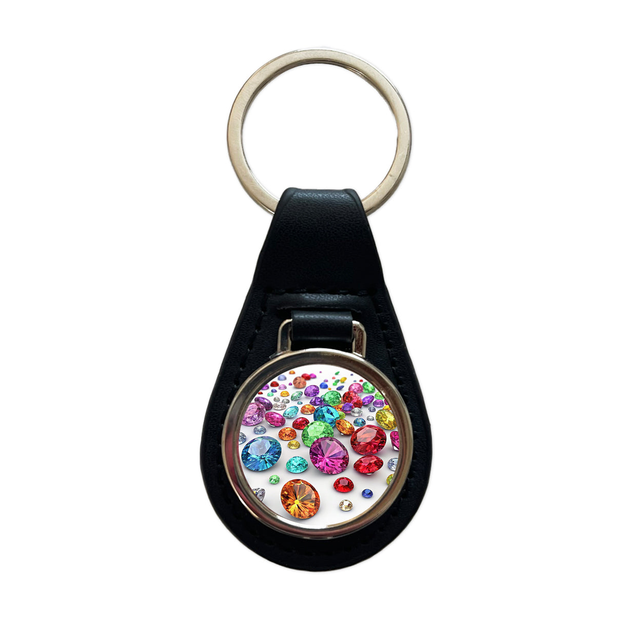 Lots of Colorful Gems Black Leather Metal Keychain