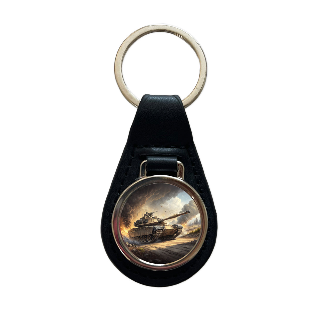 M1 Abrams Tank On The Move Black Leather Metal Keychain