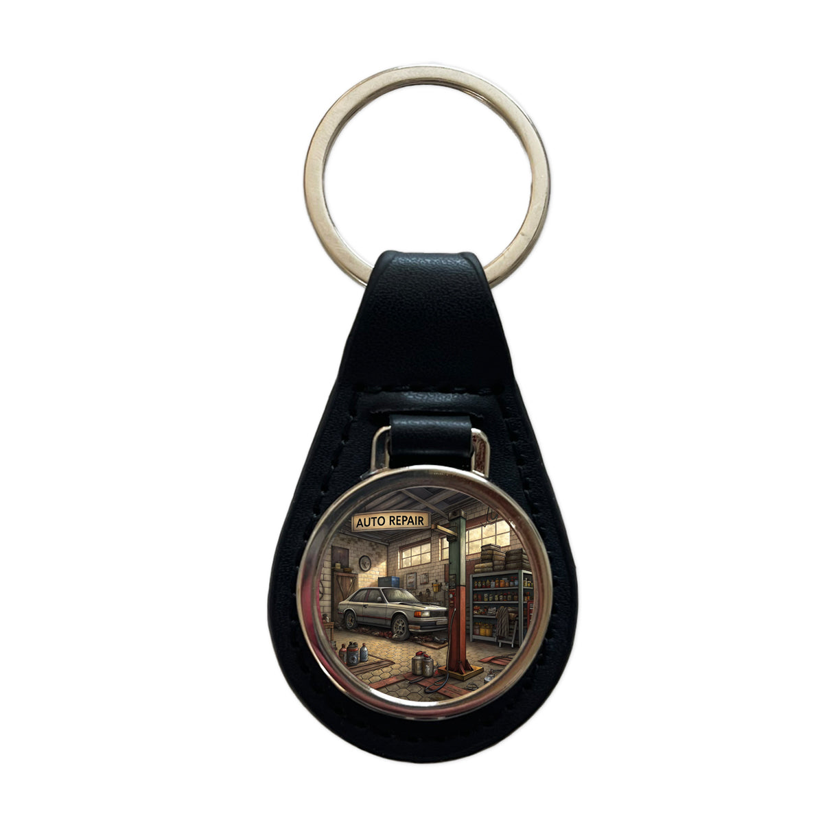Mechanic's Automotive Repair Garage Black Leather Metal Keychain