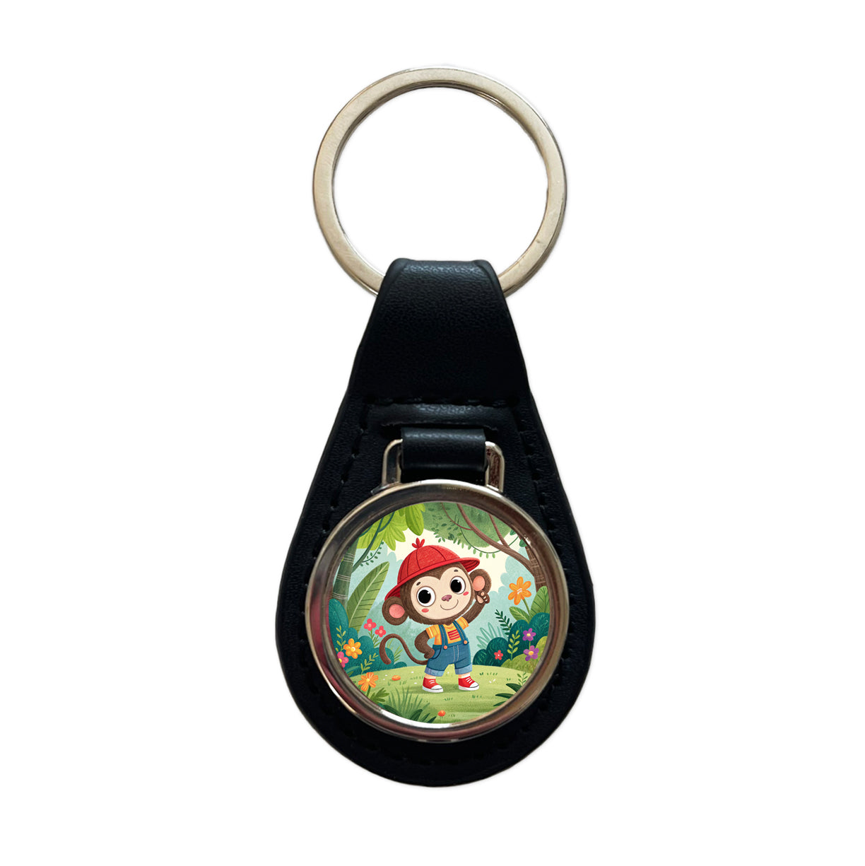 Monkey Children's Illustration Style Black Leather Metal Keychain