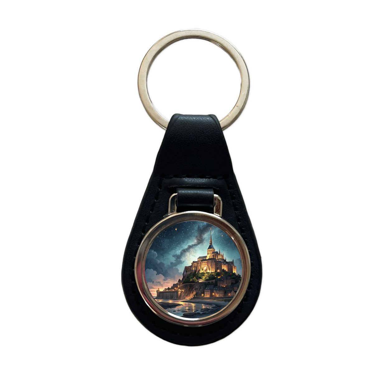 Mont Saint Michel Monastery Lit Up At Night Normandy Black Leather Metal Keychain