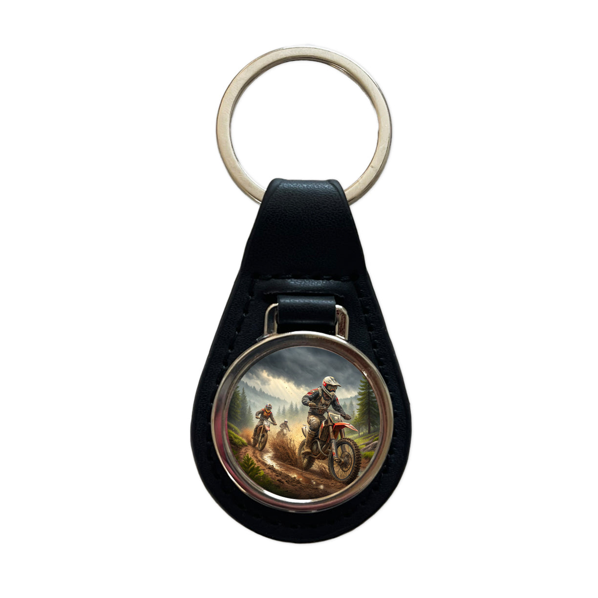 Motocross Off Road Dirt Bikes Racing Black Leather Metal Keychain