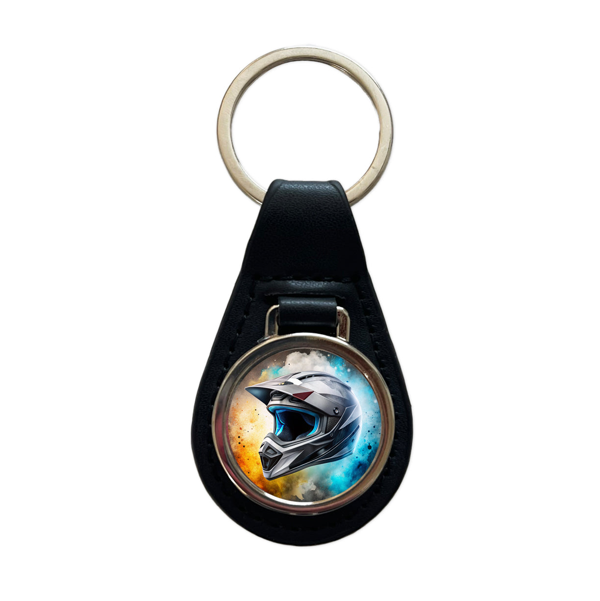Motocross Racing Bike Helmet Black Watercolor Black Leather Metal Keychain