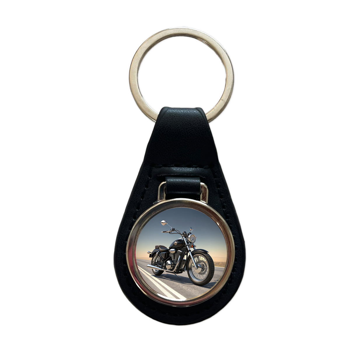 Motorcycle on the Road Black Leather Metal Keychain