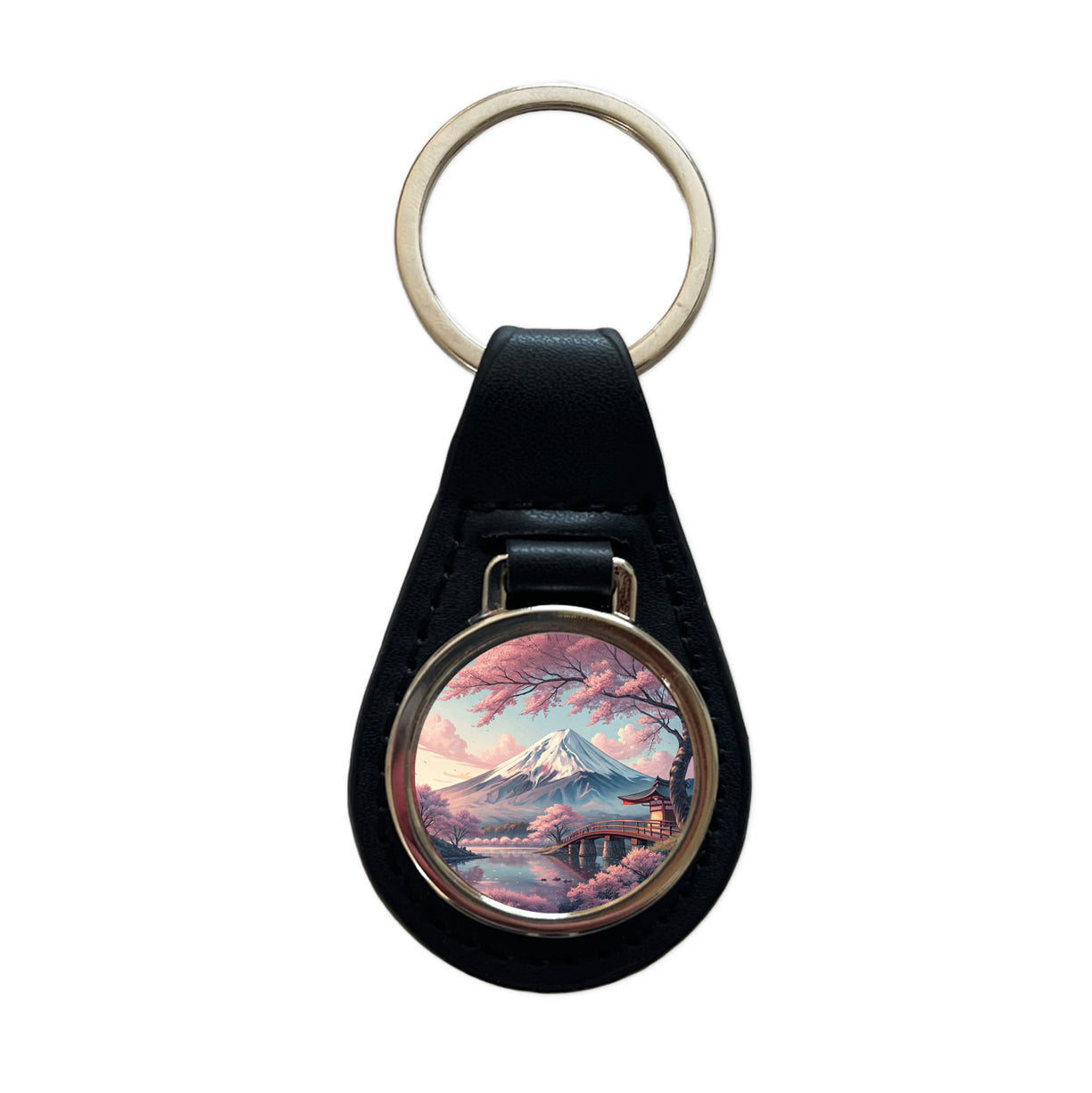 Mount Fuji During Cherry Blossom Season Japan Black Leather Metal Keychain