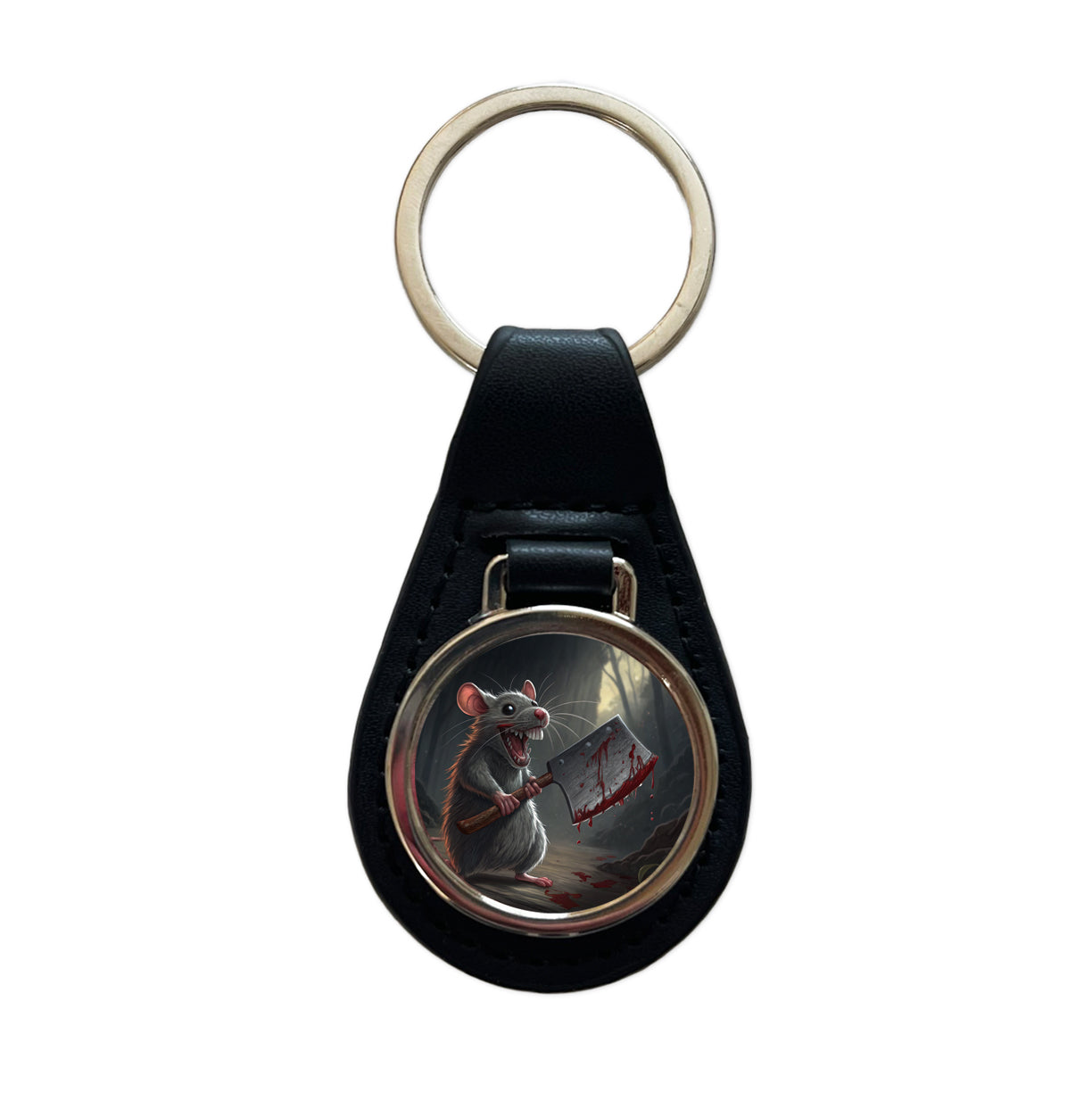 Mouse Holding A Bloody Meat Cleaver Halloween Scary Black Leather Metal Keychain