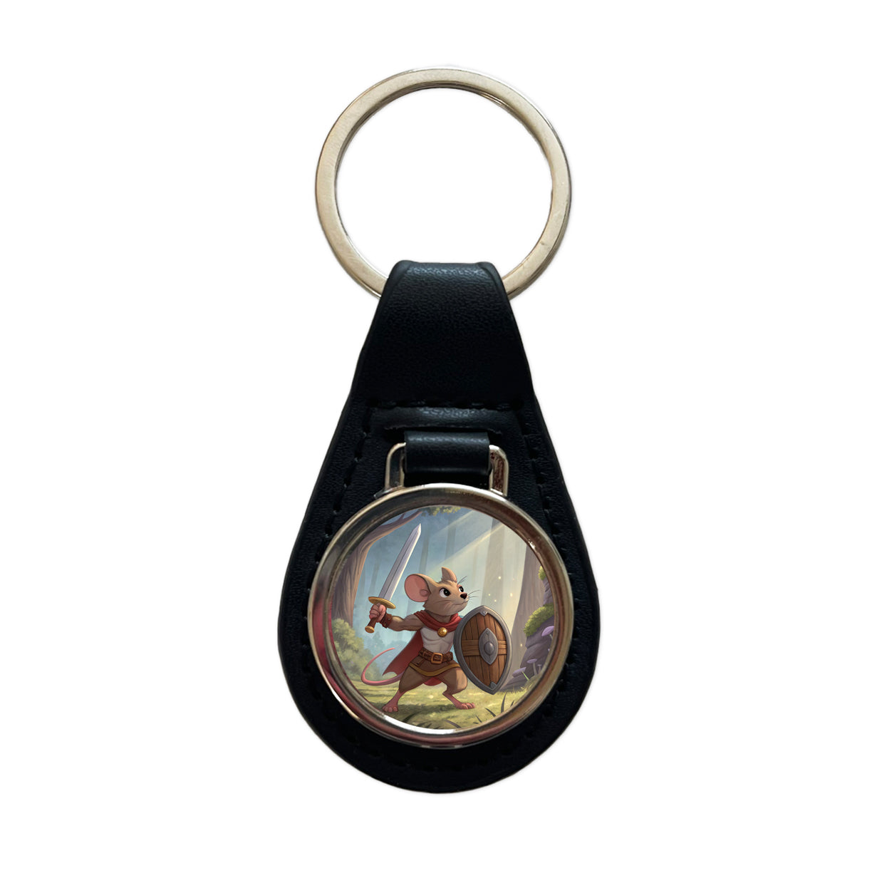 Mouse Warrior With Sword And Shield Black Leather Metal Keychain