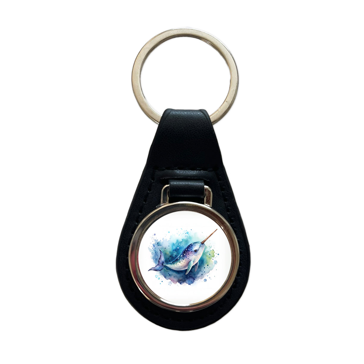 Narwhal Swimming Unicorn of the Sea Watercolor Black Leather Metal Keychain