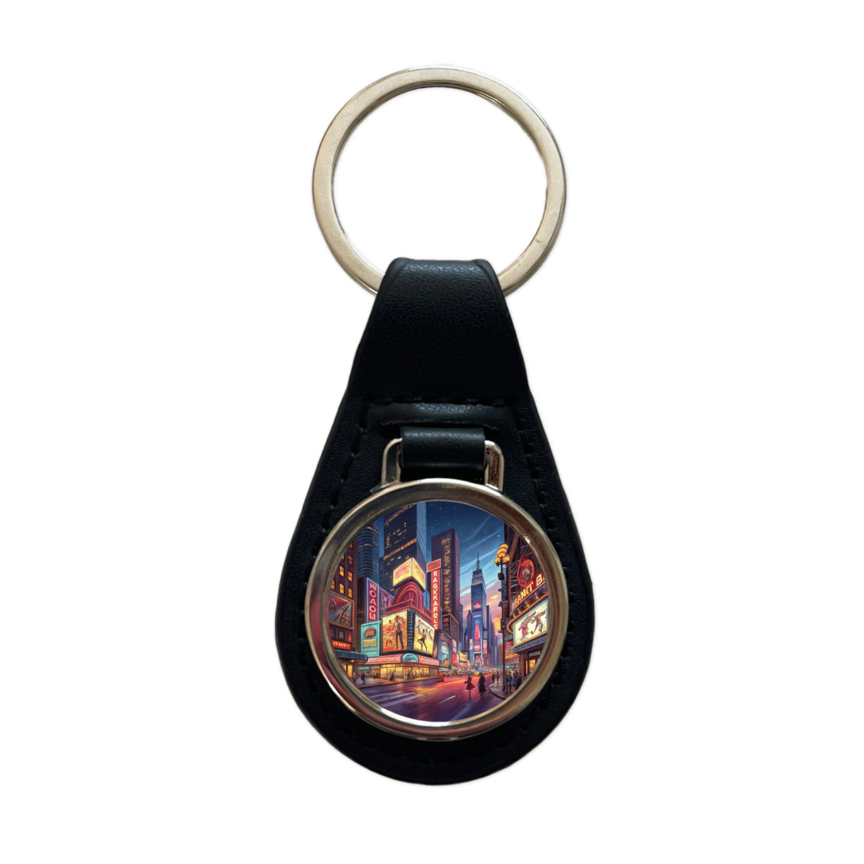 Neon Lights of City Center at Night Black Leather Metal Keychain