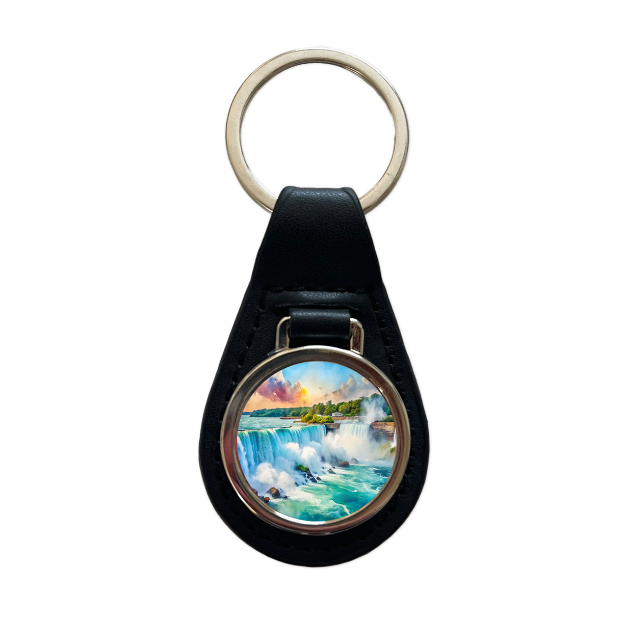 Niagara Falls New York Watercolor Black Leather Metal Keychain