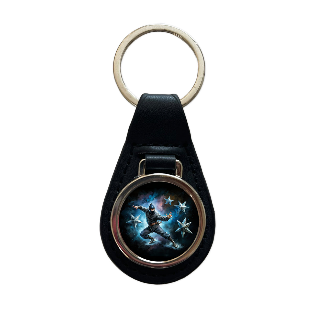 Ninja Warrior Throwing Stars Black Watercolor Black Leather Metal Keychain