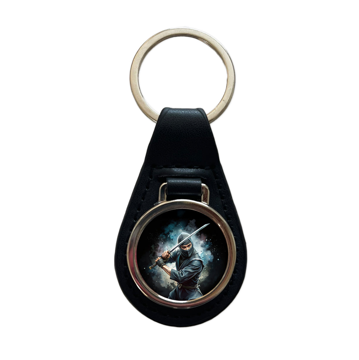 Ninja With Katana Black Watercolor Black Leather Metal Keychain