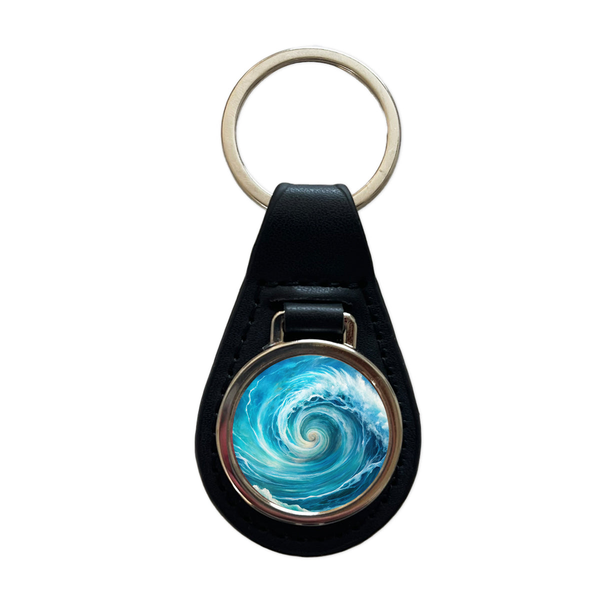 Ocean Spiral Whirlpool Watercolor Black Leather Metal Keychain