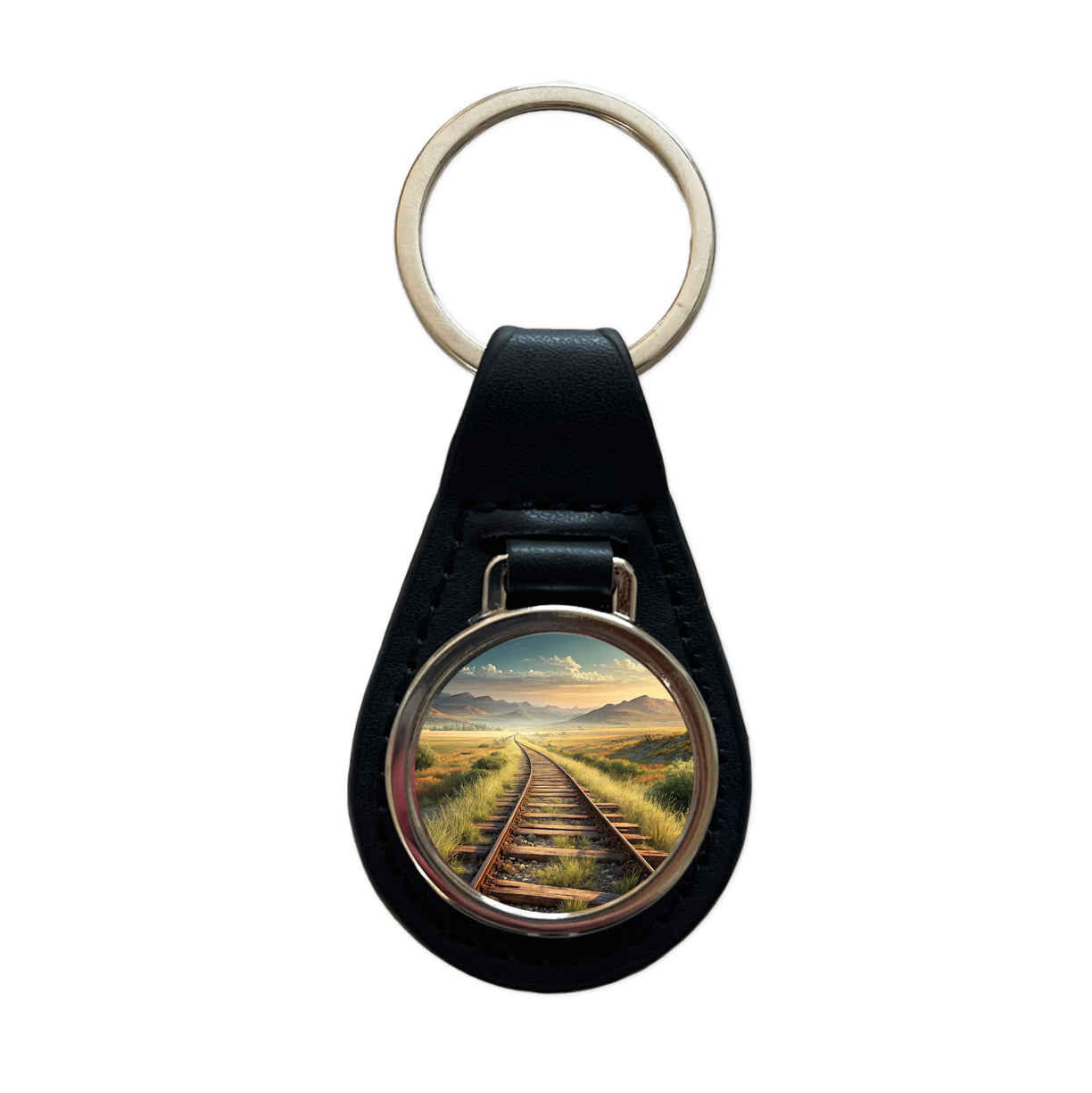 Old Train Tracks Vanishing Into The Distance Black Leather Metal Keychain