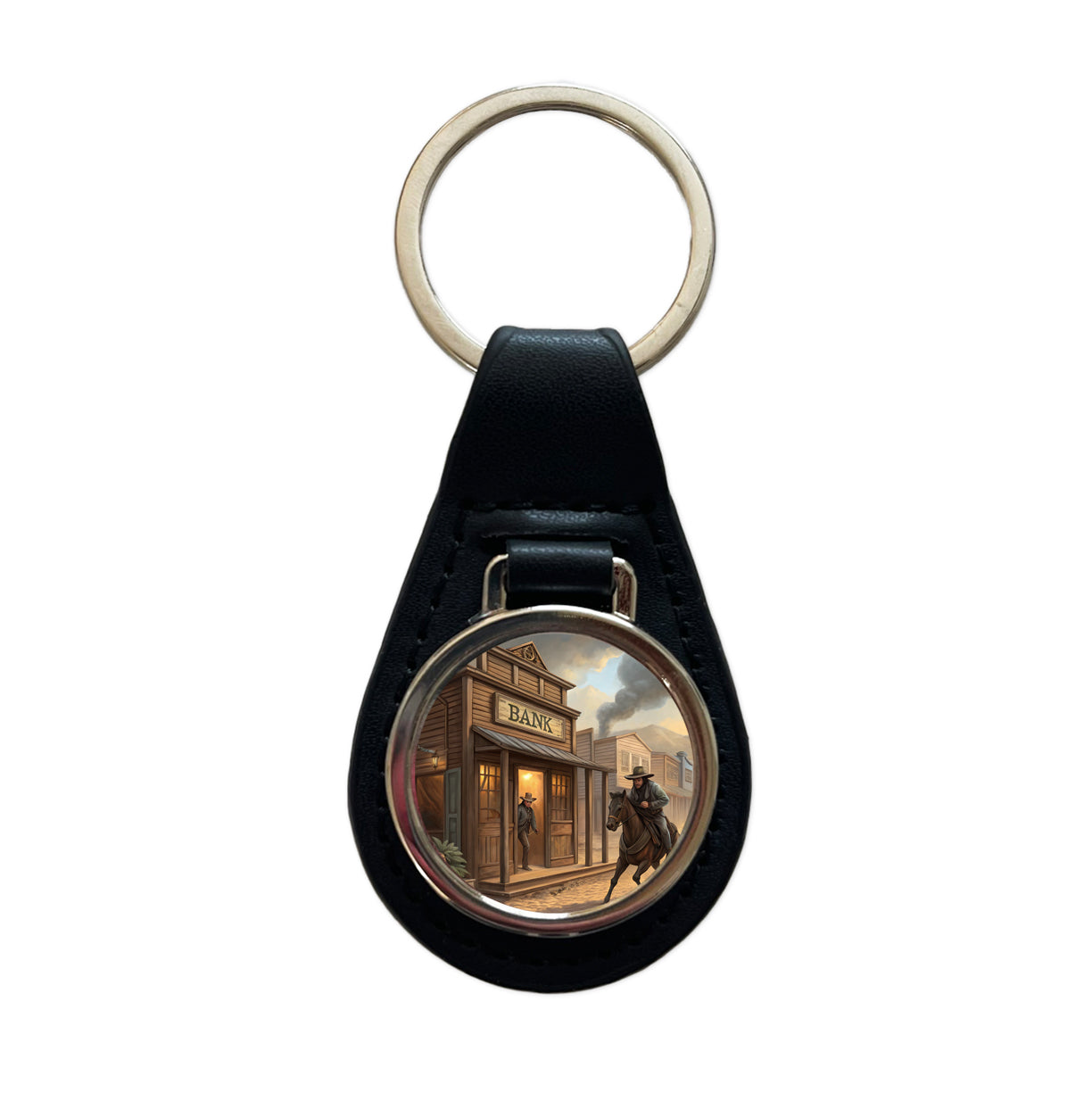 Old West Bank Robbery Western Black Leather Metal Keychain
