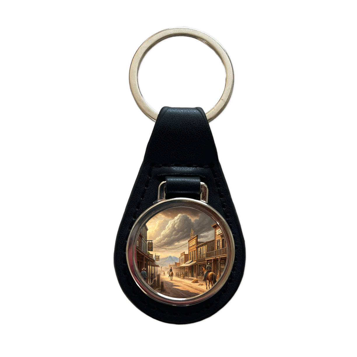 Old West Frontier Town Western Americana Black Leather Metal Keychain
