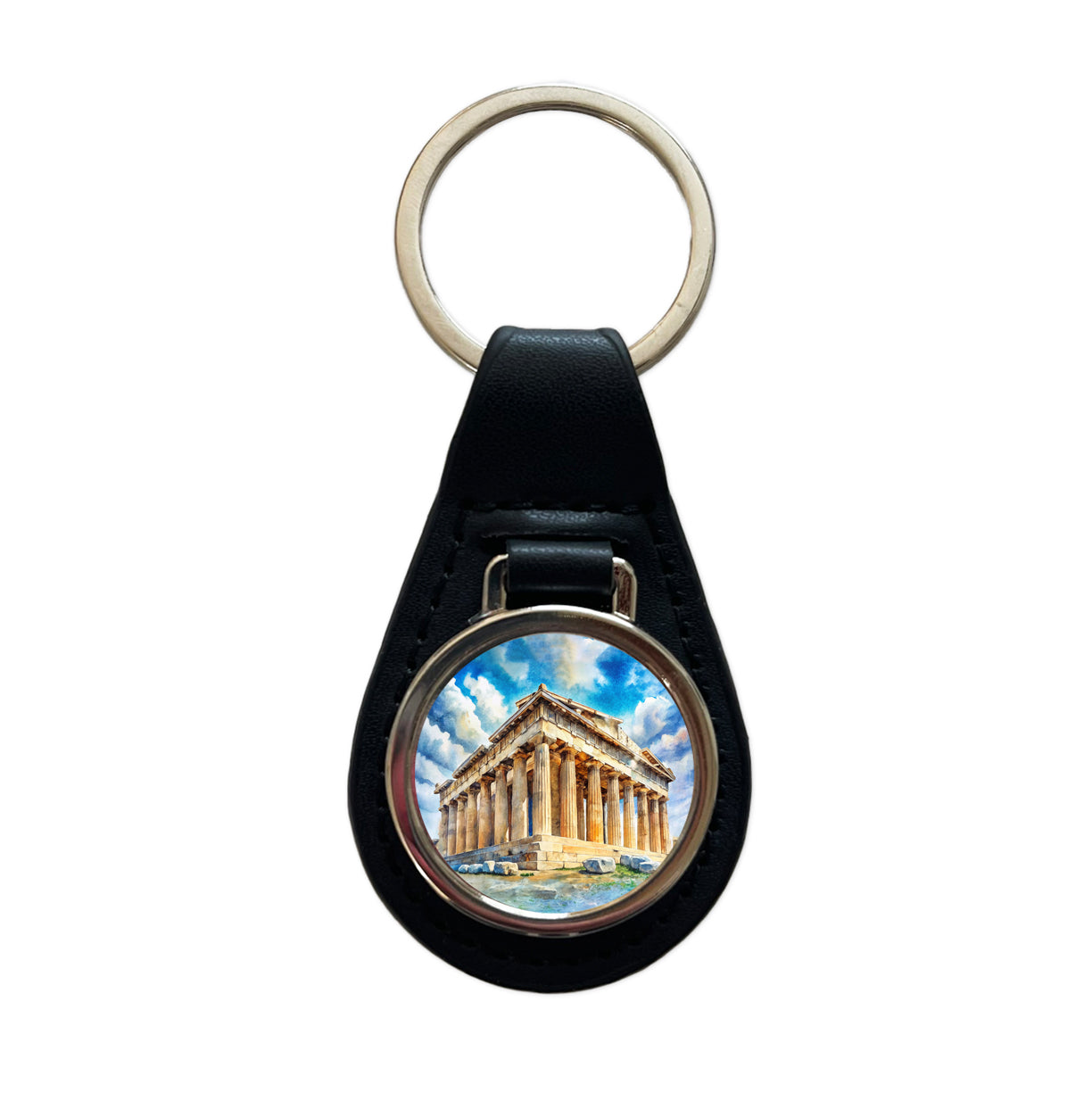 Parthenon Temple Athens Greece Greek Watercolor Black Leather Metal Keychain