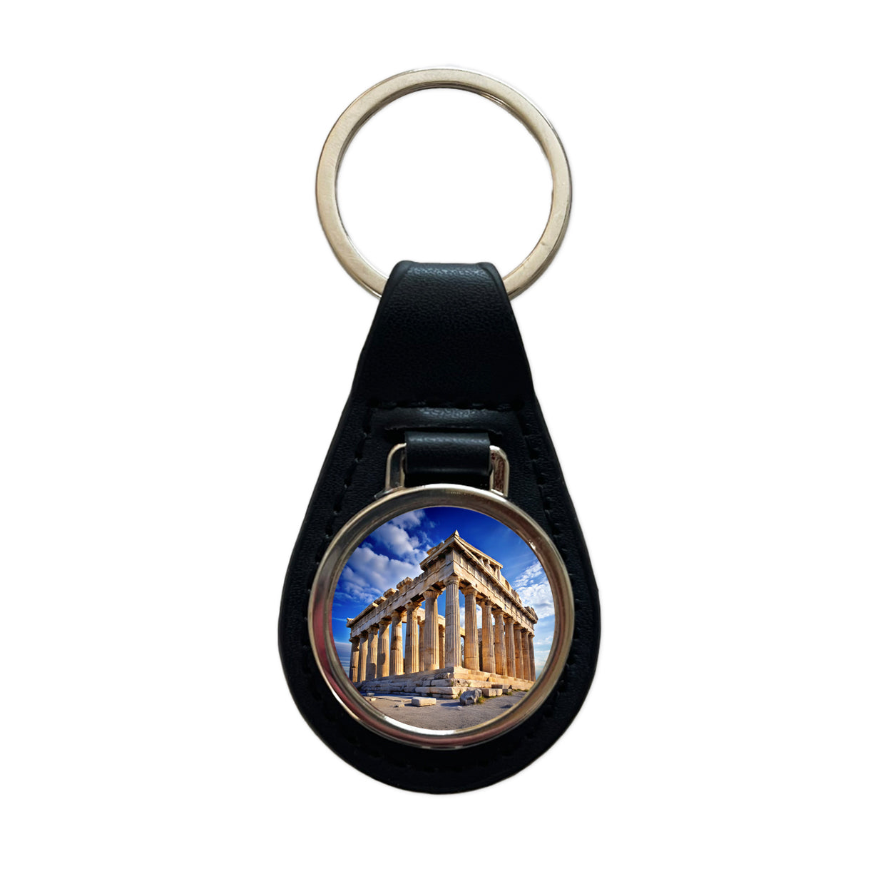Parthenon Temple Athens Greece Greek Black Leather Metal Keychain