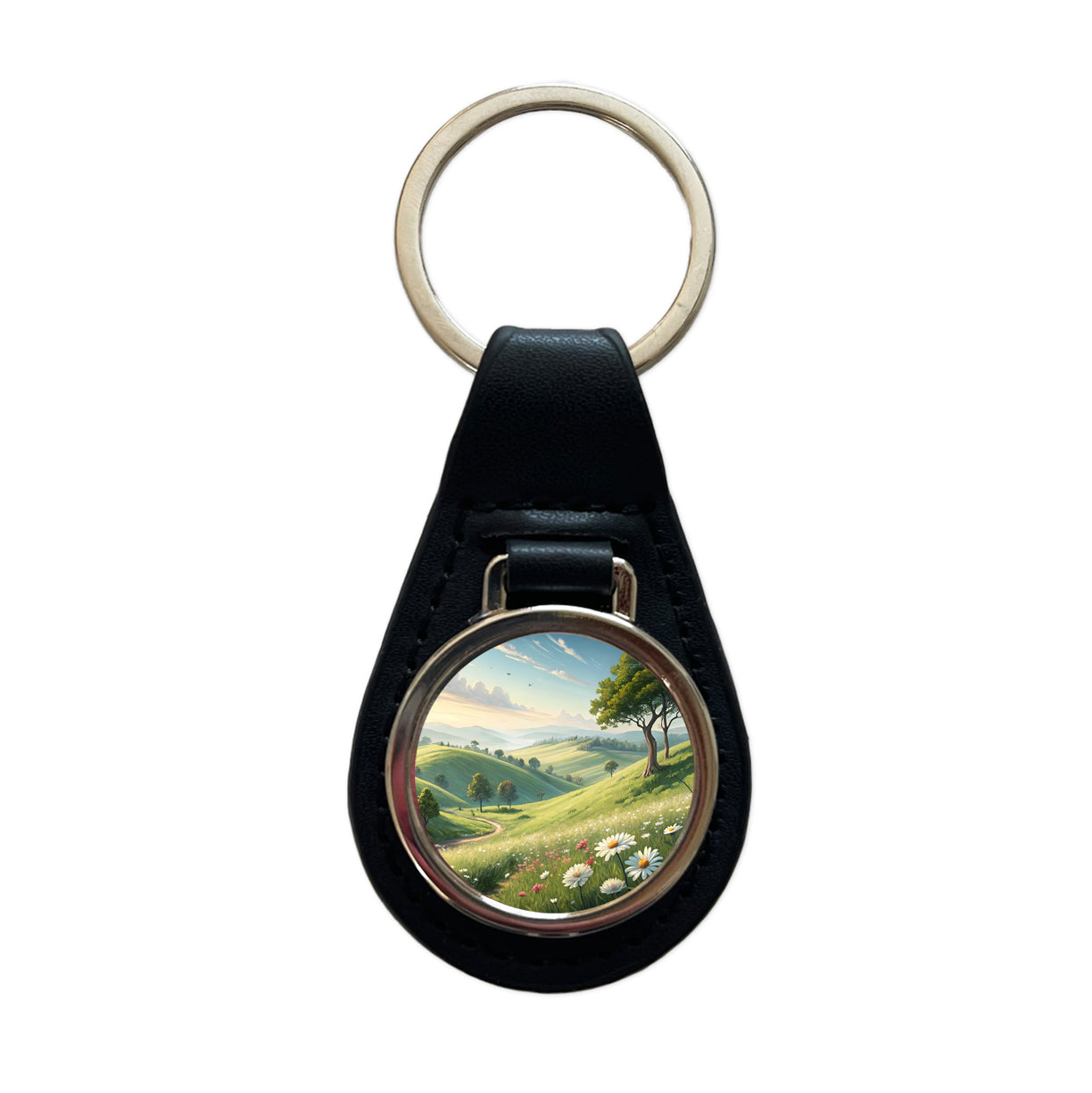 Pastoral Pretty Hillside Landscape Black Leather Metal Keychain