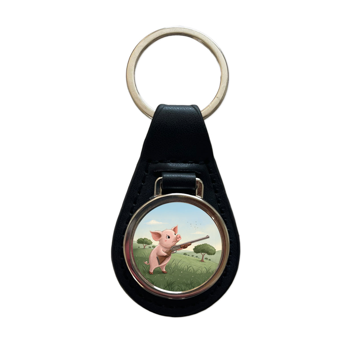 Pink Pig With A Shotgun Black Leather Metal Keychain
