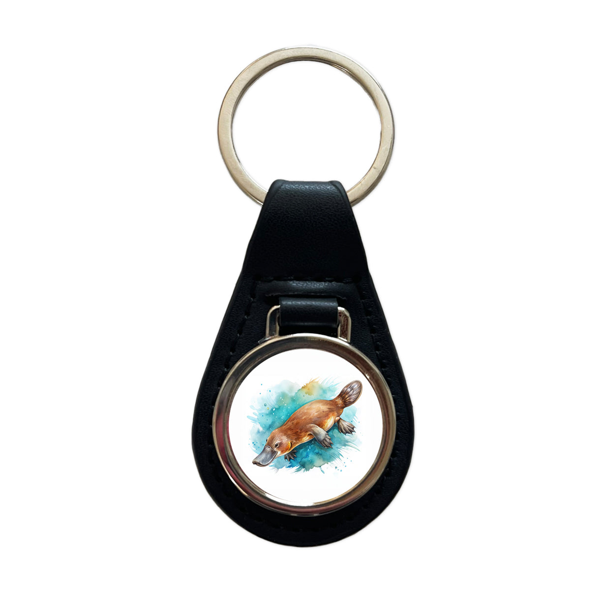 Platypus Swimming Watercolor Black Leather Metal Keychain