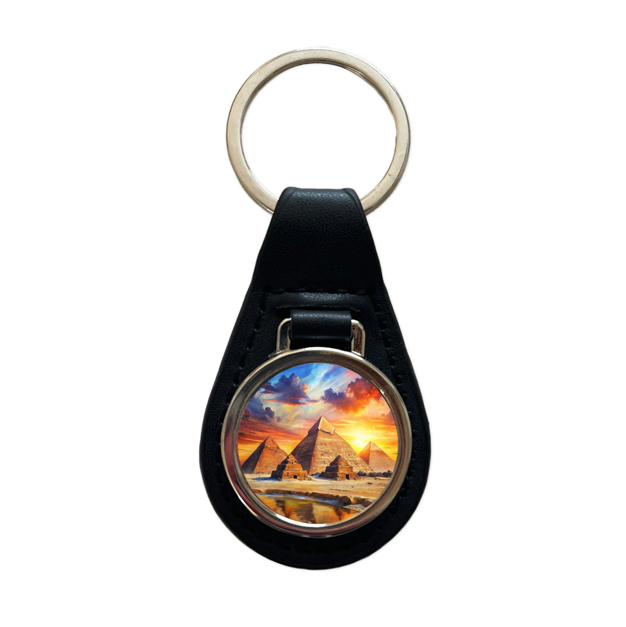 Pyramids Of Giza Egypt At Sunset Watercolor Black Leather Metal Keychain