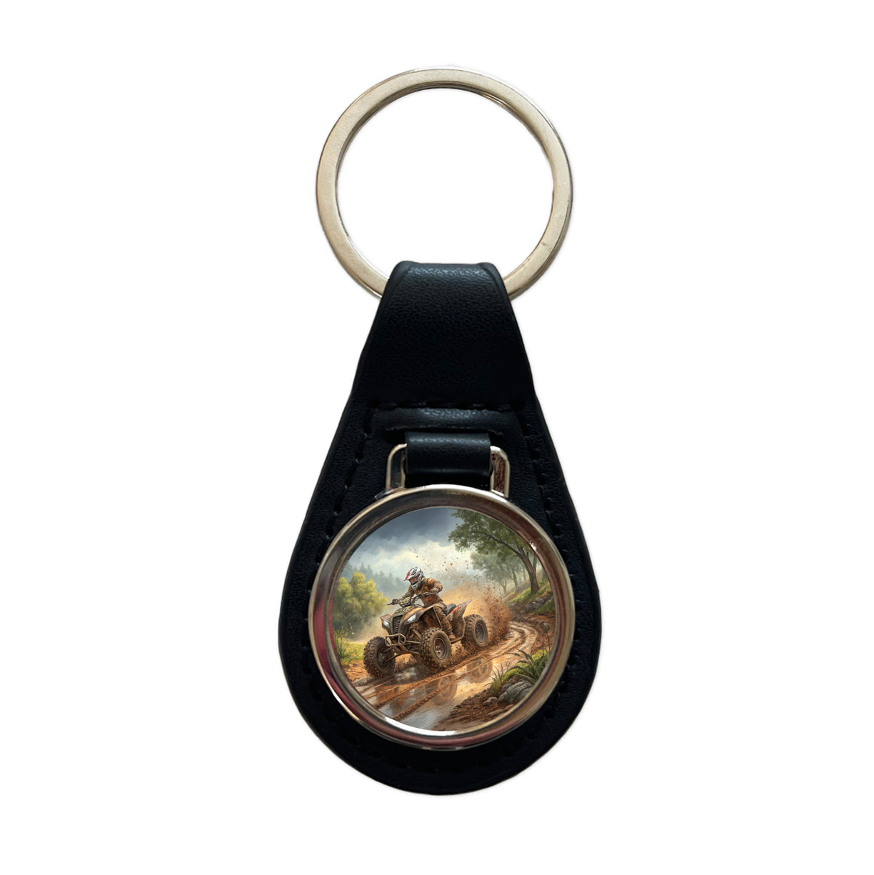 Quad ATV Off-Road Mud Racing Black Leather Metal Keychain