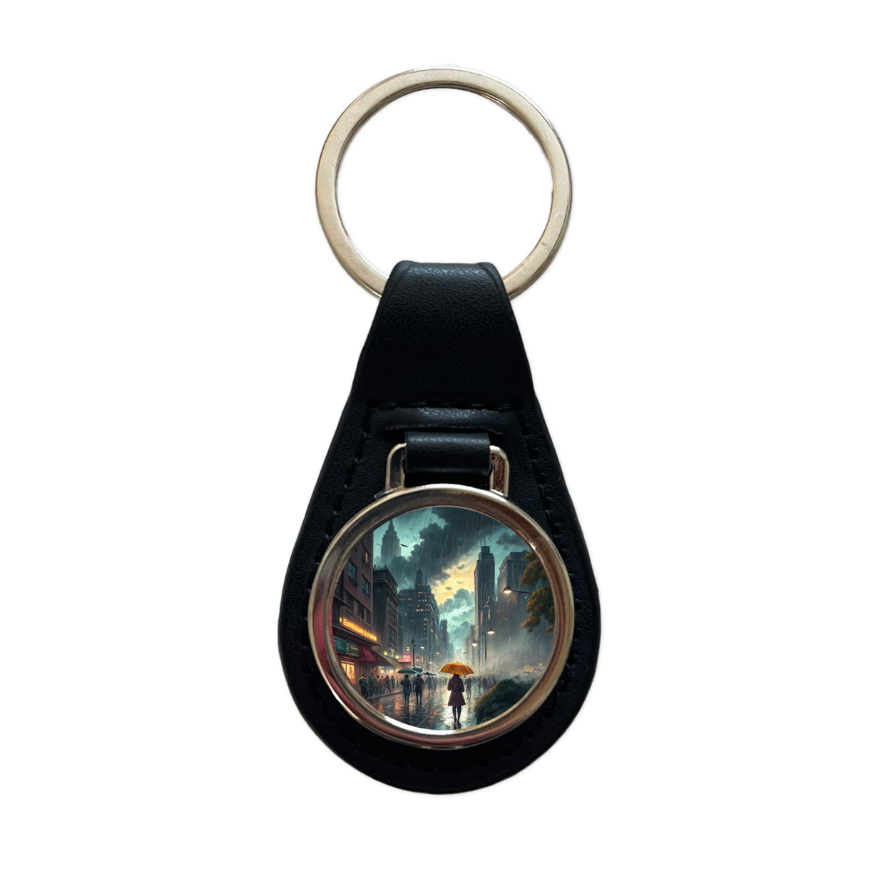 Rain Storm In The City at Night Black Leather Metal Keychain