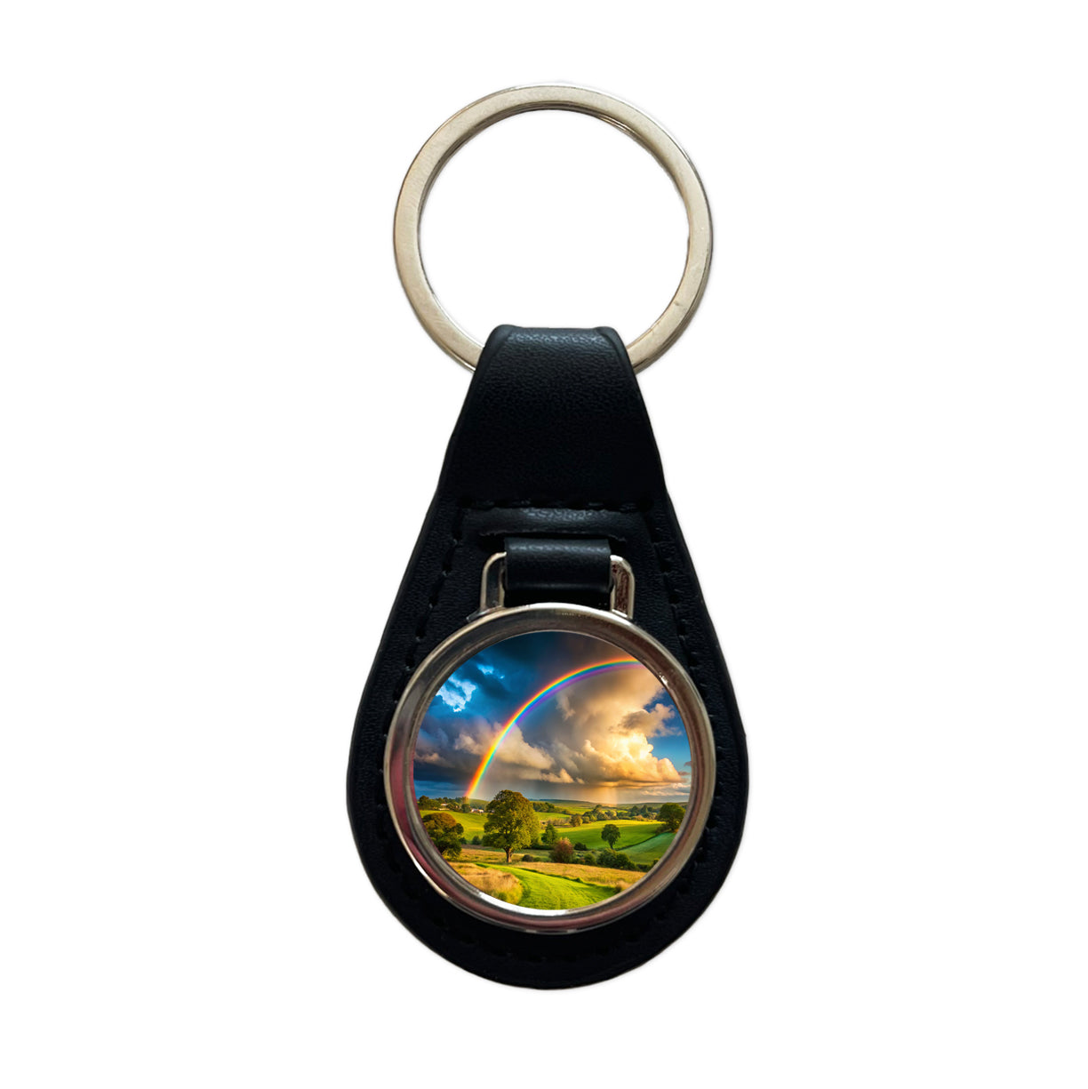 Rainbow After Rain Storm In The Country Black Leather Metal Keychain