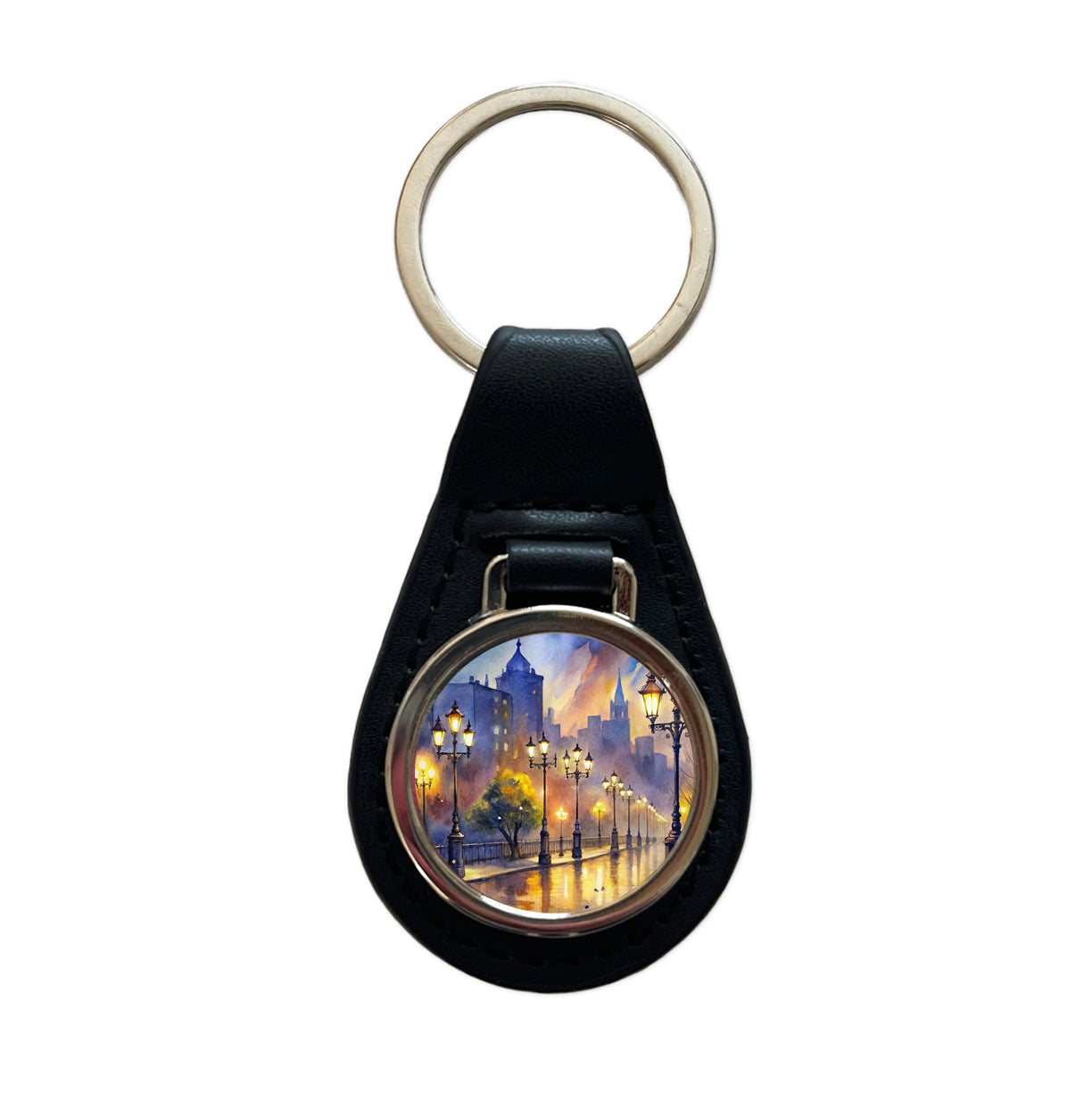 Raining In The City At Night Watercolor Black Leather Metal Keychain