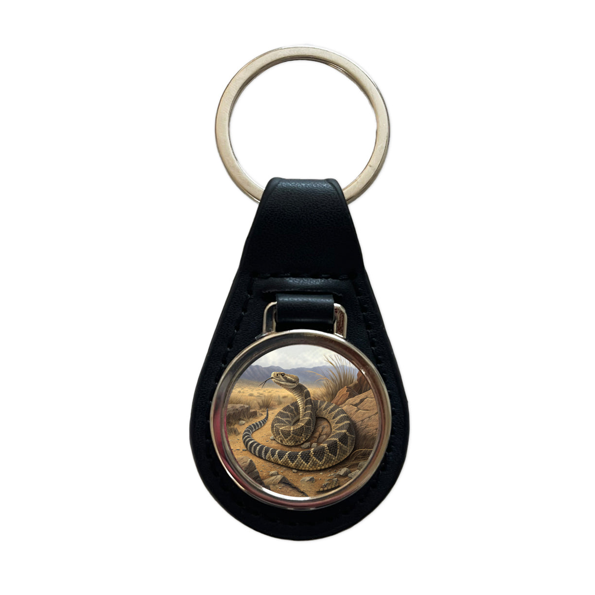 Rattlesnake Reptile on the Prairie Desert Black Leather Metal Keychain