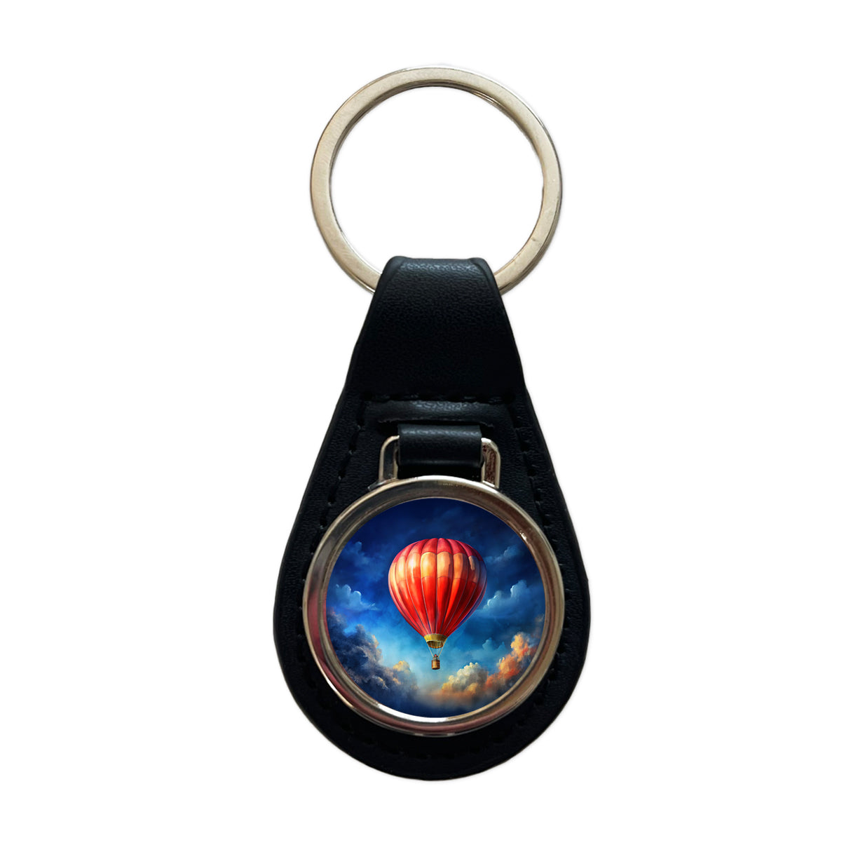 Red Hot Air Balloon in the Blue Sky Black Leather Metal Keychain