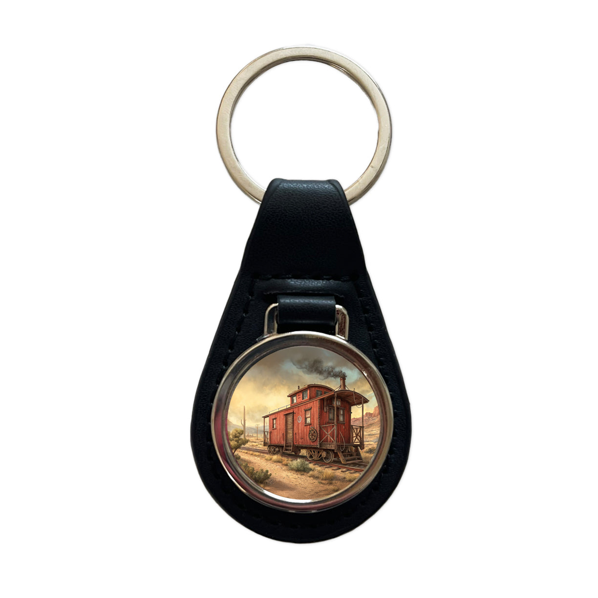 Red Train Caboose Old West Western Black Leather Metal Keychain