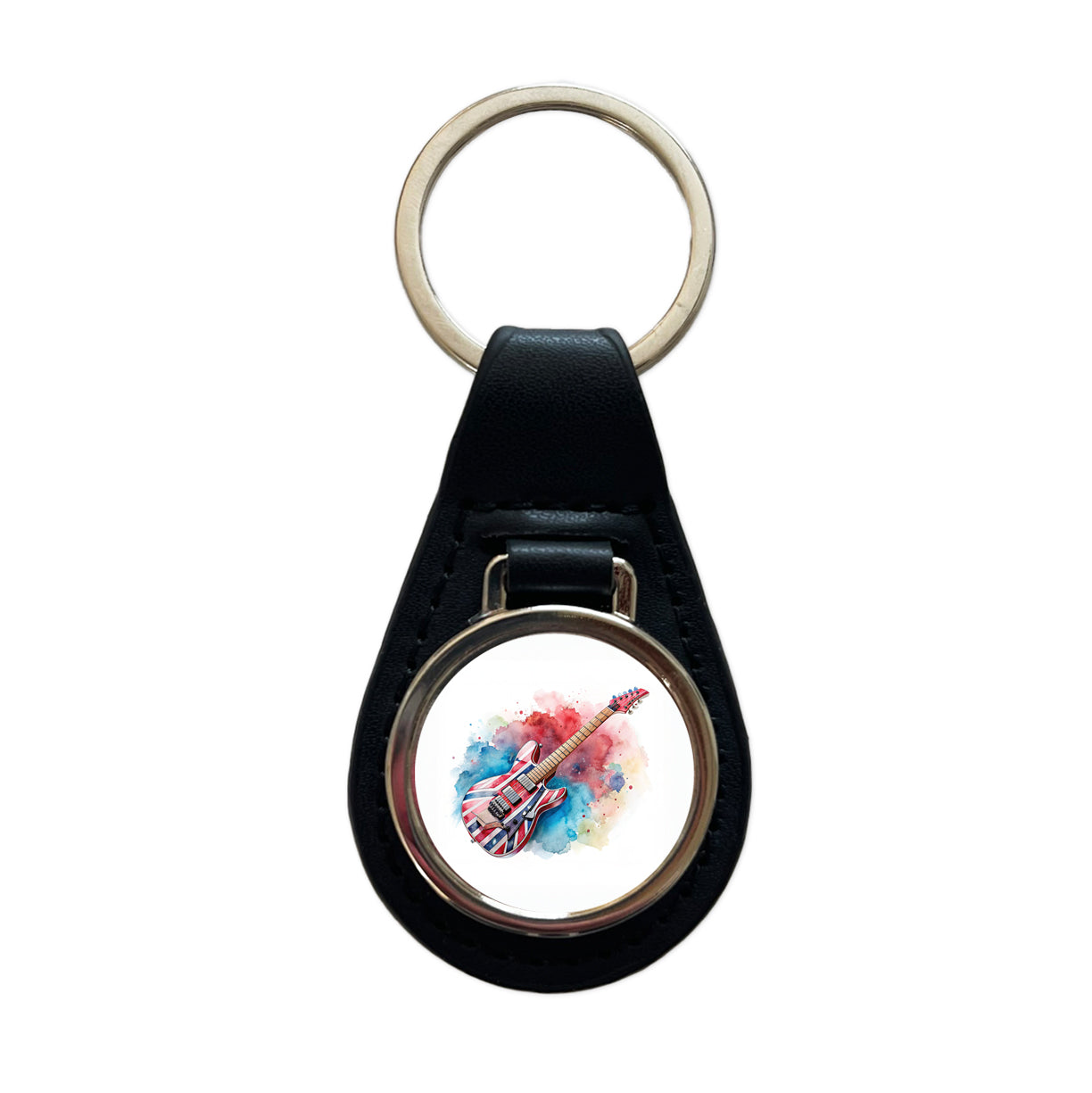 Red White Blue Rock and Roll Guitar Watercolor Black Leather Metal Keychain