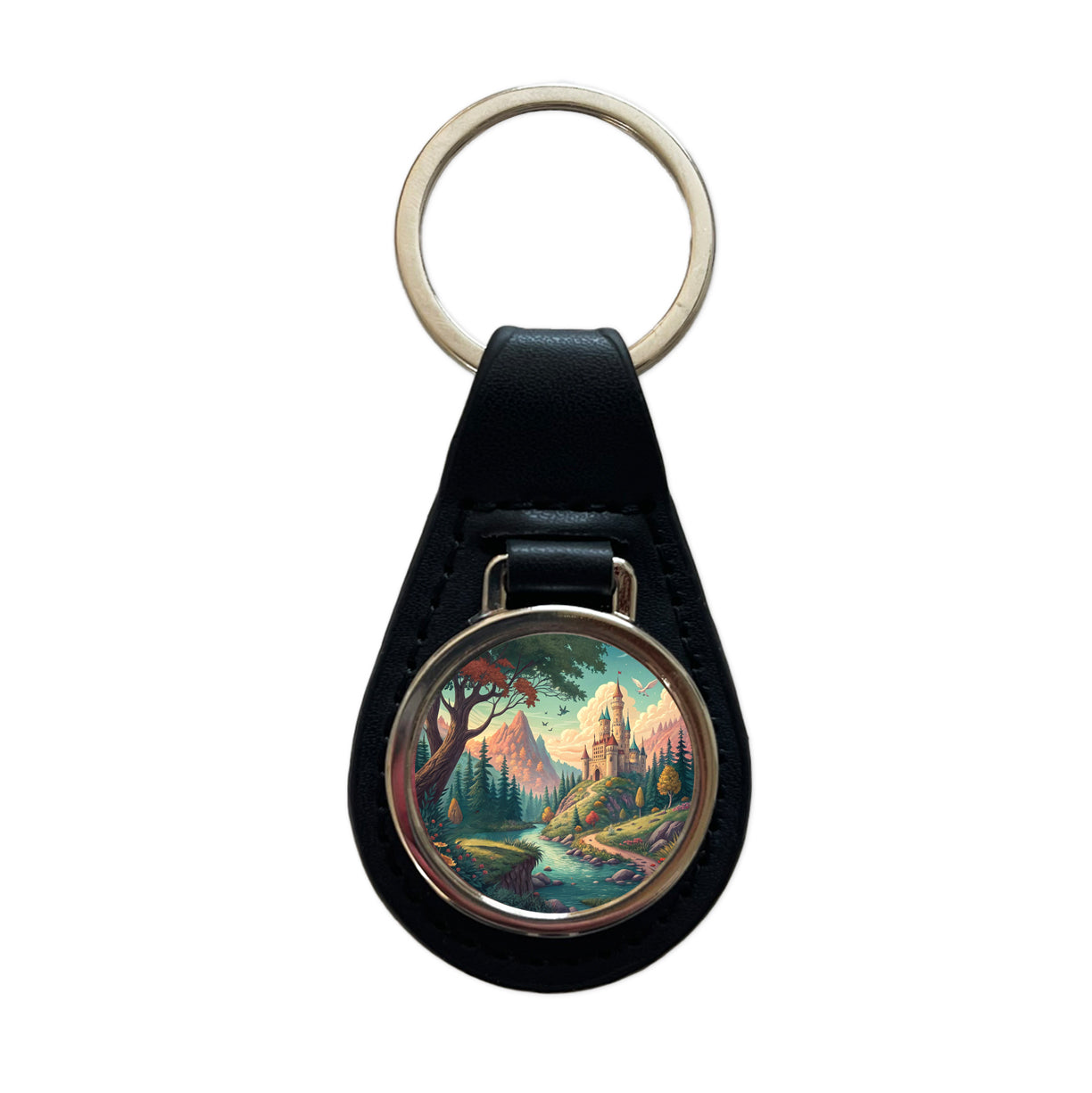 Retro Fantasy Art Castle Kingdom Scene Black Leather Metal Keychain