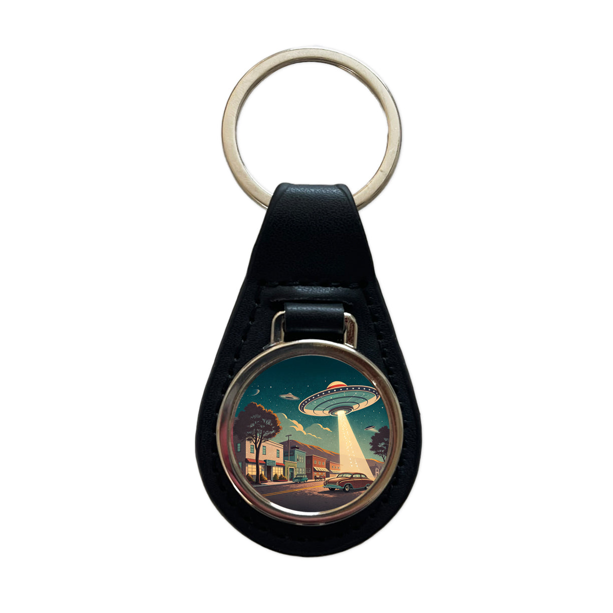 Retro Sci-fi 50's Poster Art Flying Saucer Black Leather Metal Keychain