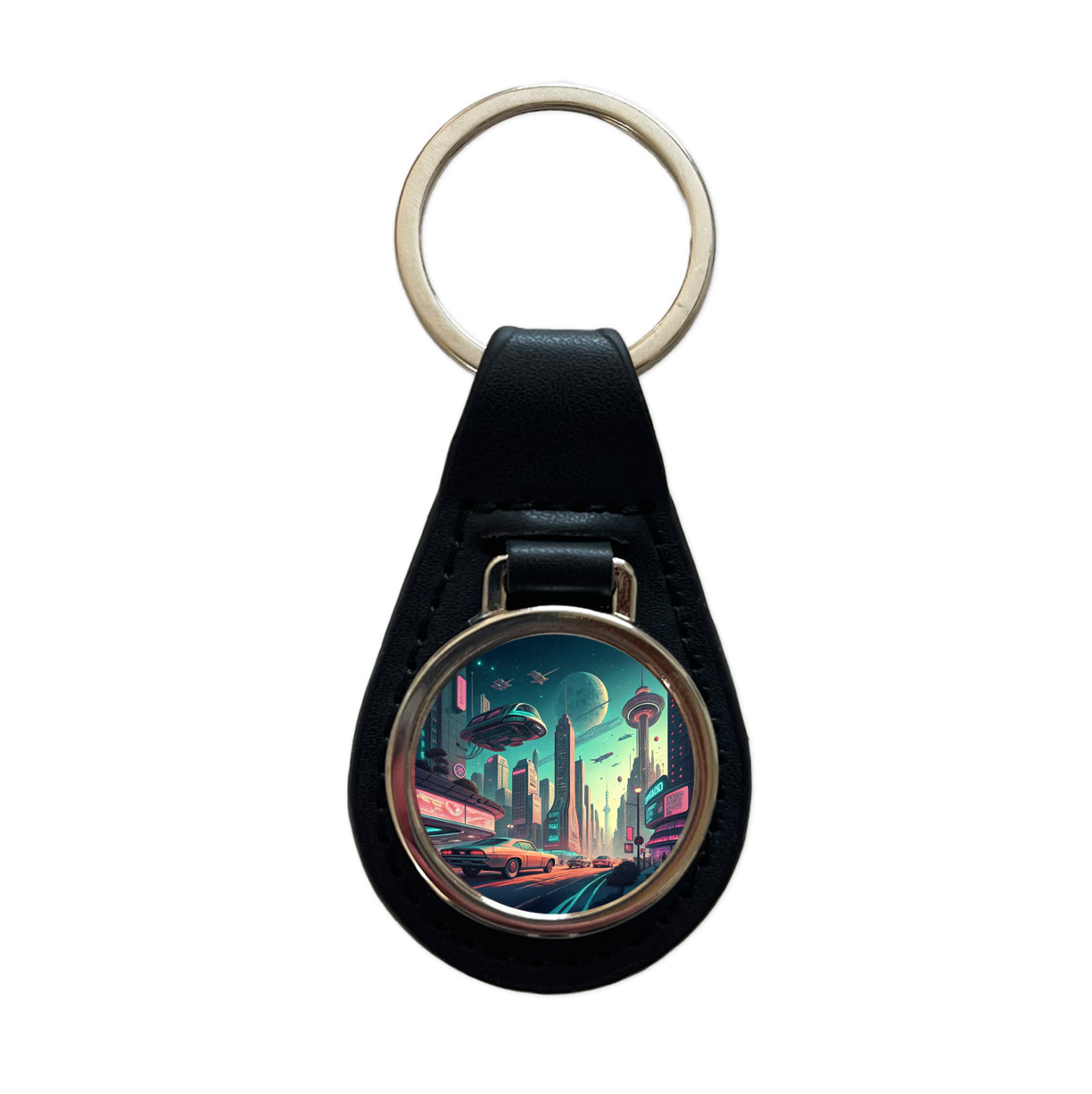 Retro Sci-fi Poster Art Futuristic City Scene Black Leather Metal Keychain