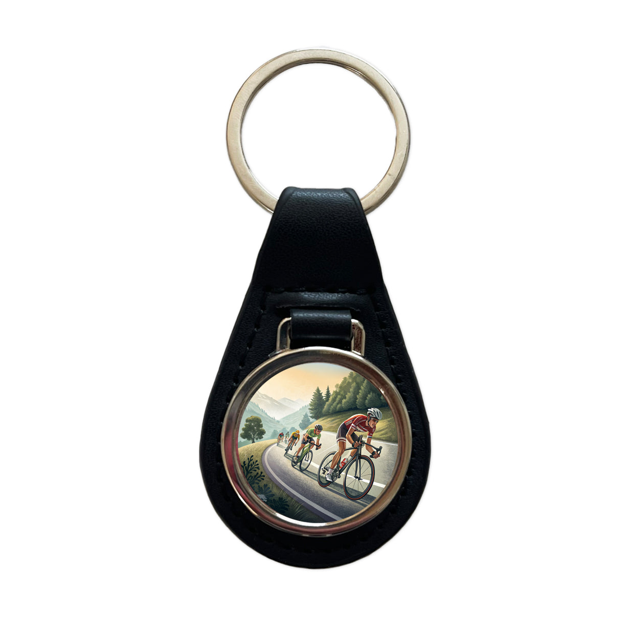 Road Bicycle Bike Racing Black Leather Metal Keychain
