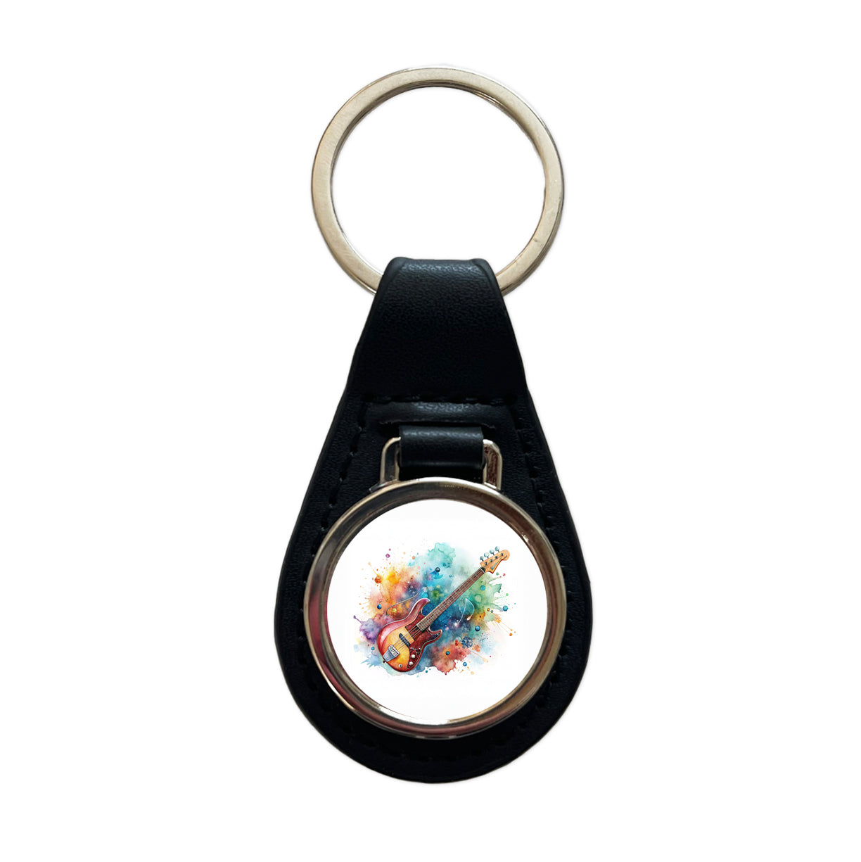Rock And Roll Guitar Watercolor Black Leather Metal Keychain