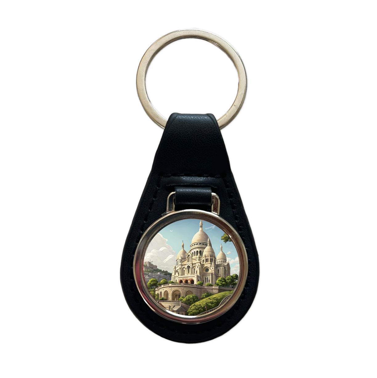 Sacre Coeur Church Paris France Black Leather Metal Keychain