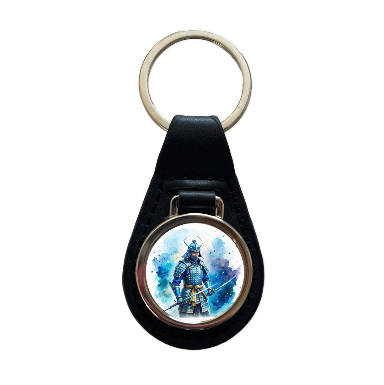 Samurai With Katana And Blue Armor Watercolor Black Leather Metal Keychain