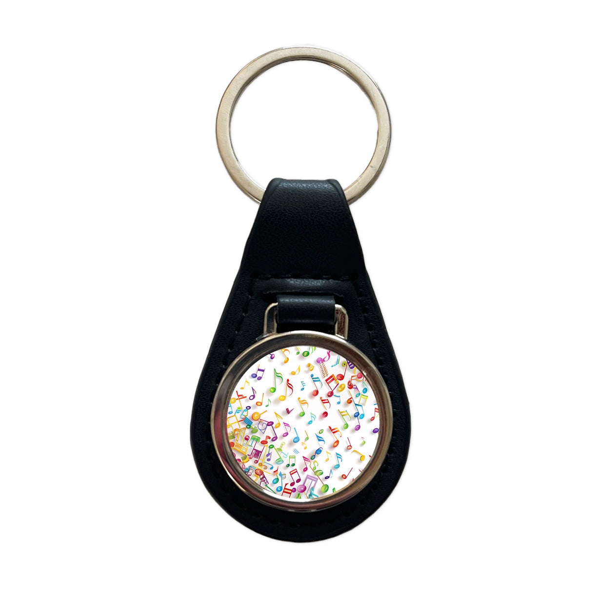 Scattered Colorful Rainbow Music Musical Notes Black Leather Metal Keychain