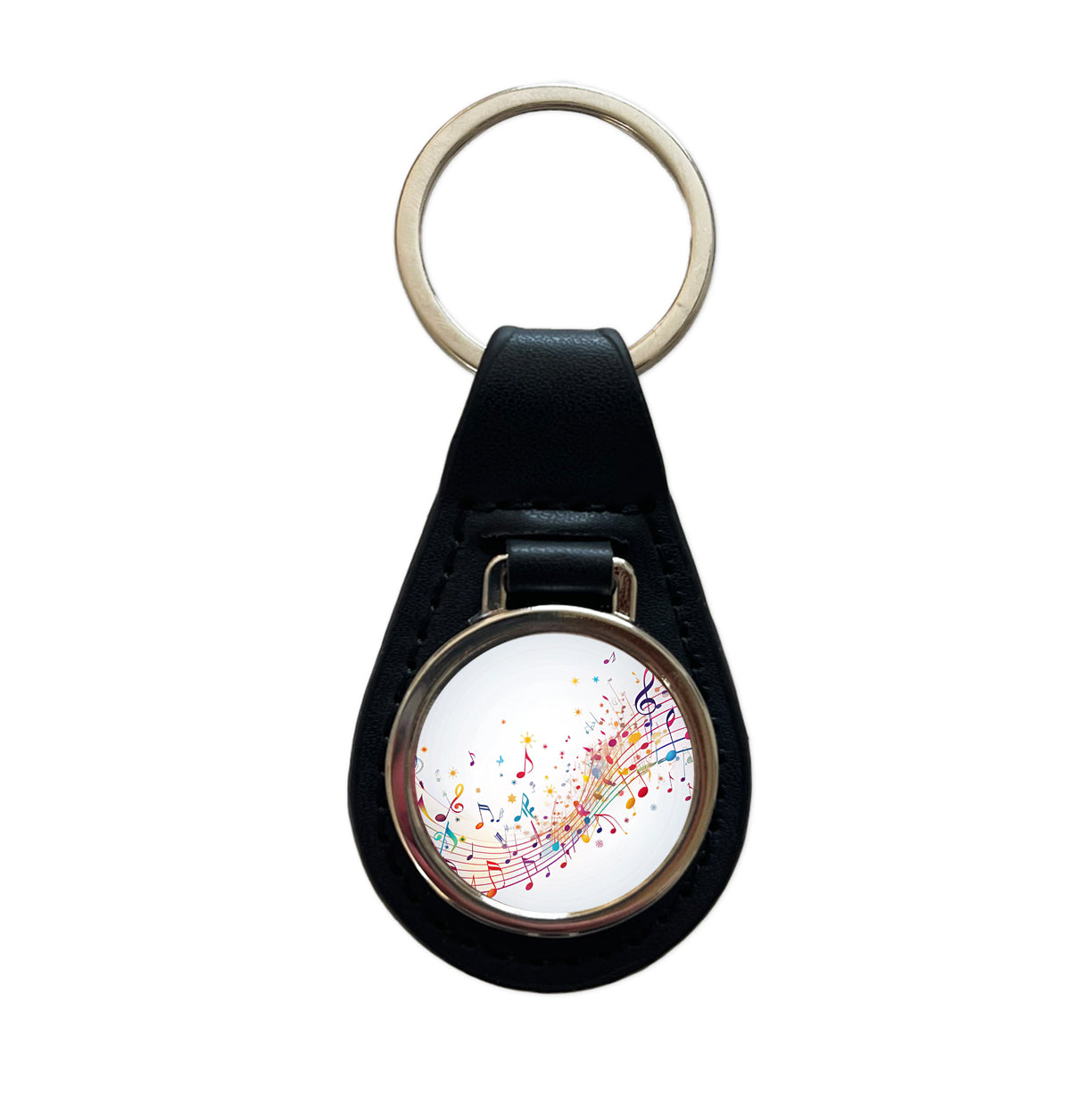Scattered Music Notes Design Black Leather Metal Keychain