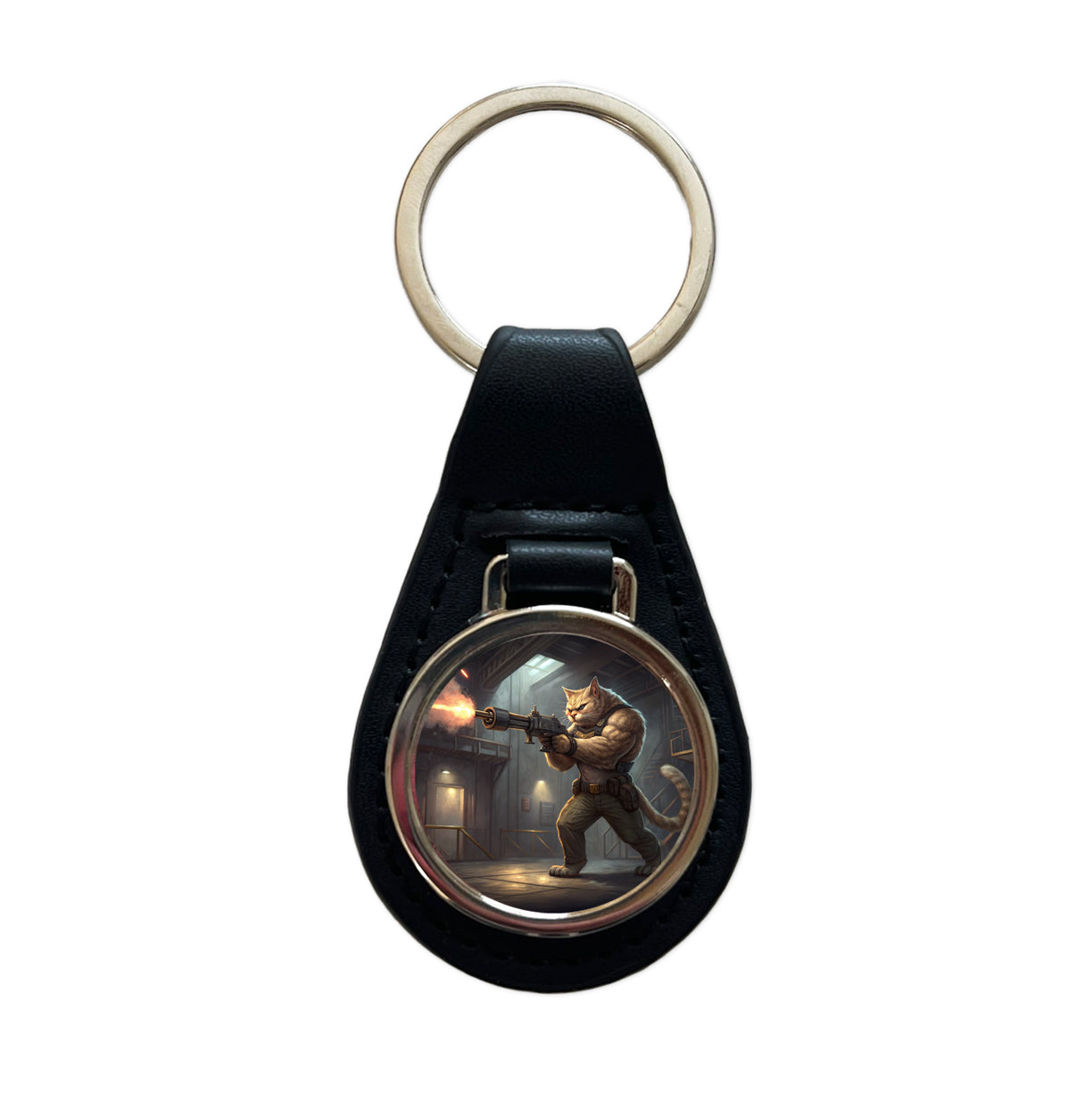 Sci-fi Action Hero Cat Shooting A Machine Gun Black Leather Metal Keychain