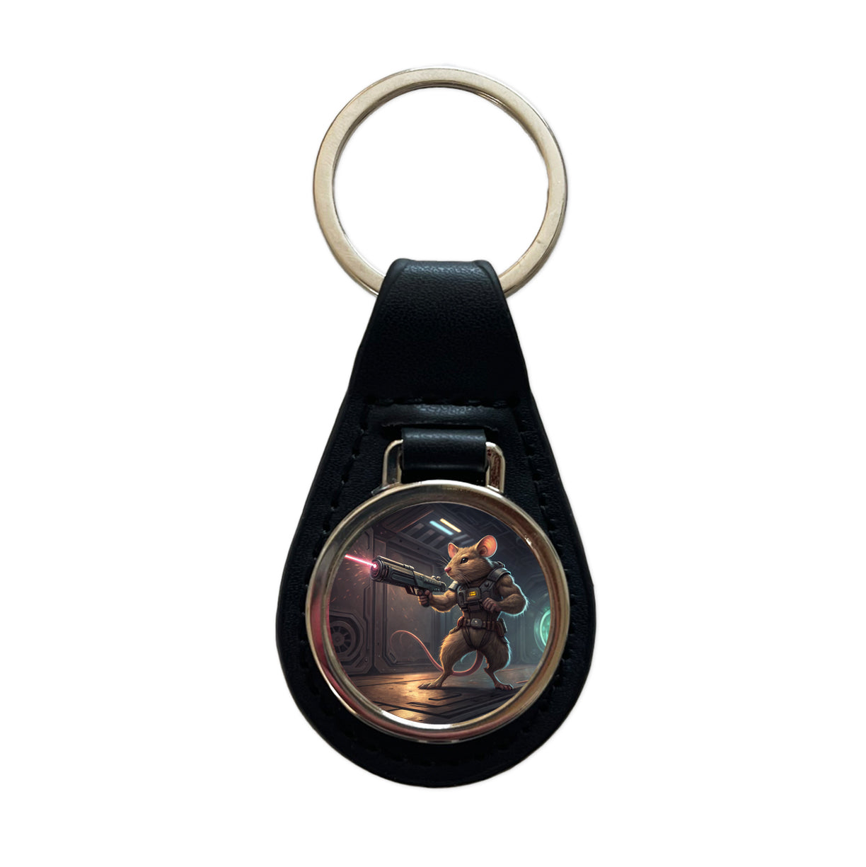 Sci-fi Action Hero Mouse With Laser Gun Black Leather Metal Keychain